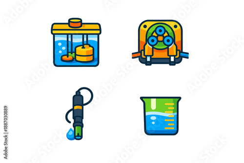 Colored icons showing different laboratory equipment including a water tank, a motor, a measuring device, and a beaker used in scientific experiments
