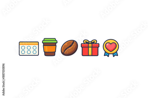 Colorful icons show a coffee cup, a coffee bean, a gift box, a badge, and a checklist, representing various themes like rewards and favorite items relevant in everyday life