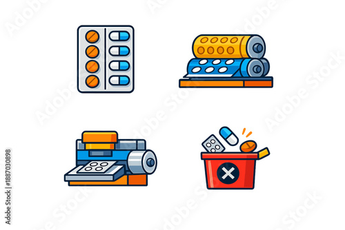 Different types of pills, packaging rolls, a pill machine, and a waste bin for discarded medicine are shown in a flat design style