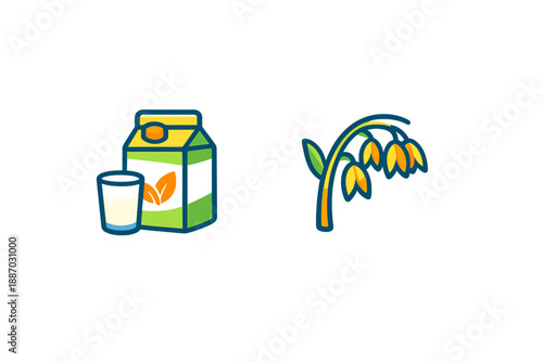 Milk carton and plant illustration showing a glass of milk next to a flowering plant that has drooping flowers in a simple design