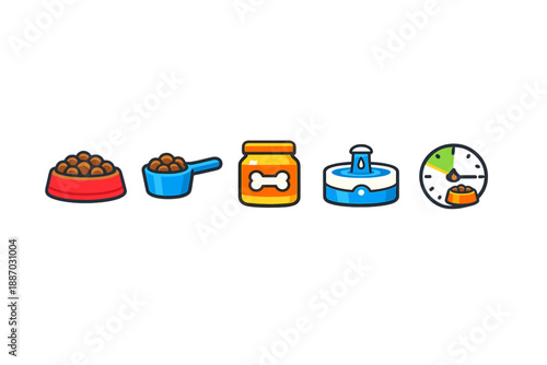 Different types of pet food and supplies arranged in a line with a timer showing feeding time