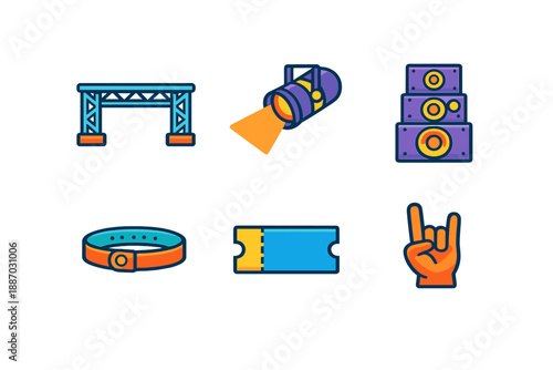 Music festival items include stage setup, lighting, sound equipment, wristband, ticket, and hand gesture in this fun graphic