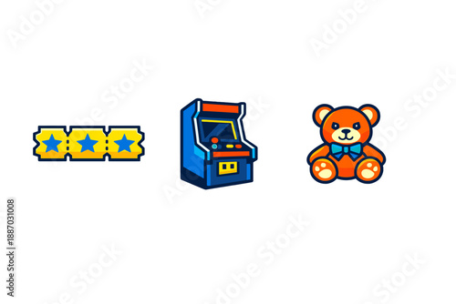 Colorful symbols of fun and games found in an arcade setting showcasing tickets, a gaming machine, and a teddy bear during a lively event