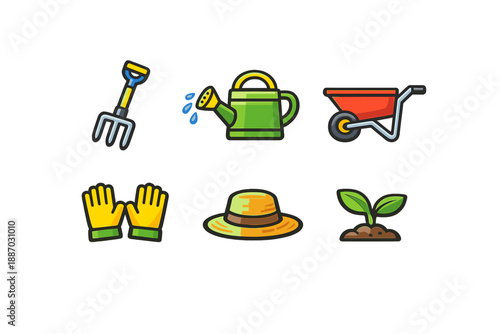 Gardening tools and items for planting and maintaining a garden during the growing season