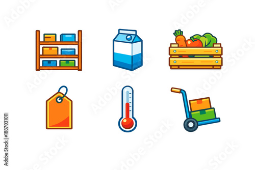 Shelves filled with boxes, a milk carton, a crate of vegetables, a price tag, a thermometer, and a cart with boxes arranged in a simple layout