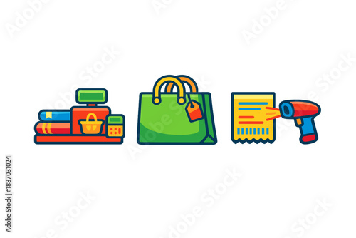 Shopping items are shown with a cash register, shopping bag, and price receipt in a simple graphic style often used for retail themes