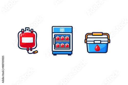 Blood donation supplies include a blood bag, a refrigerator for storage, and a cooler for transport at a donation event or medical facility