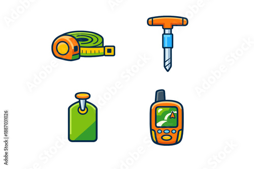 Various tools are displayed including a tape measure, a screw tool, a bag, and a GPS device on a white background
