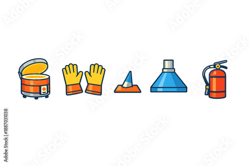 Safety equipment is arranged neatly on a surface for a workshop setting during daytime, showing tools used for protection and safety