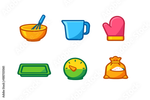 Kitchen tools and ingredients for baking displayed on a white background with a mixing bowl, measuring cup, oven mitt, baking tray, timer, and bag of flour