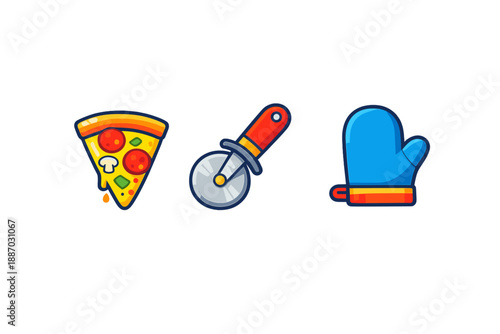 Pizza slice, pizza cutter, and oven mitt are shown together on a white background in a simple graphic design