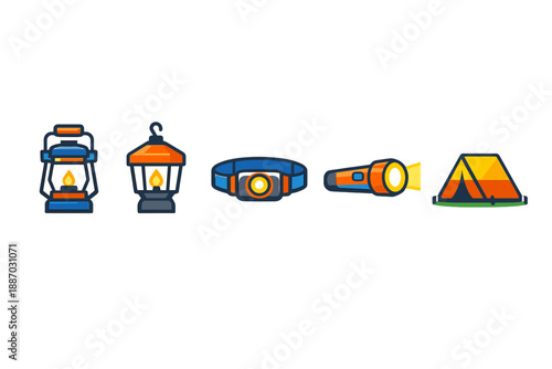 Camping gear display includes lanterns, flashlight, and tent arranged in a row for outdoor activities during nighttime