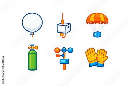 Various tools and equipment for balloon measurement and parachute activity in a clear setting during daytime