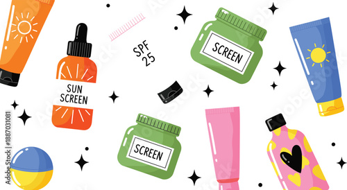 Colorful Sunscreen and Sun Protection Cosmetic Icon Set with SPF Bottles and Summer Skincare Products for Beauty Design