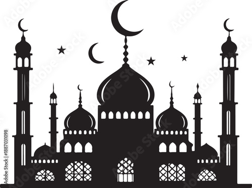 Elegant-mosque-skyline-silhouette--black-flat-vector design.