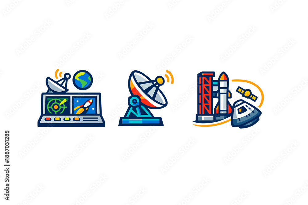 Fototapeta premium Space exploration tools are shown through a set of icons displaying satellite dishes, control panels, and a rocket with spacecraft for missions to outer space