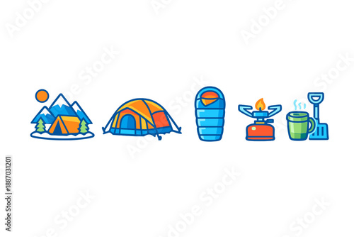 Camping gear and outdoor equipment are displayed in a simple layout showing different items used for camping activities in nature settings during daytime