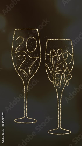 Two gold glasses with imitation champagne gold particles and handwritten text 2027 and Happy New Year . Vertical video with alpha channel .