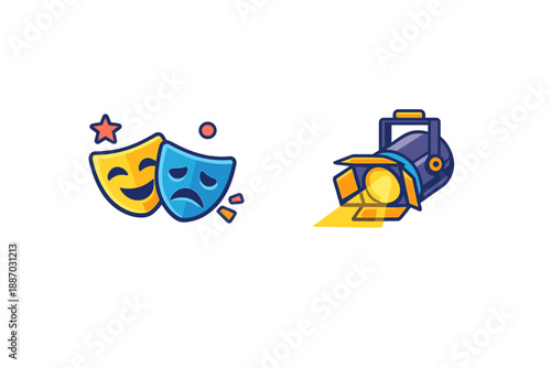 Two colorful icons show theater masks representing drama and a spotlight used in performances, emphasizing the theme of entertainment and live shows in a creative way