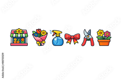 Flower shop offers bouquets, tools, and cleaning supplies for gardening tasks during spring days