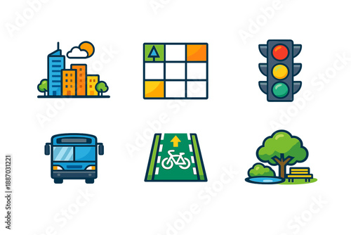 City scene showing bus, traffic light, bike lane sign, and park with trees