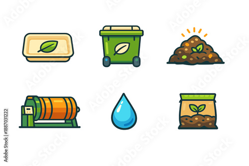 Icons showing different steps in recycling and composting with green elements represented through various objects and symbols highlighting environmental care and sustainability practices