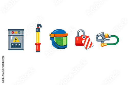 Tools and equipment for safety and maintenance in an industrial or construction setting with focus on protective gear and secure practices