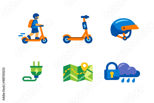 Person rides an electric scooter on a path with electric scooters and safety equipment nearby during daytime in an urban area