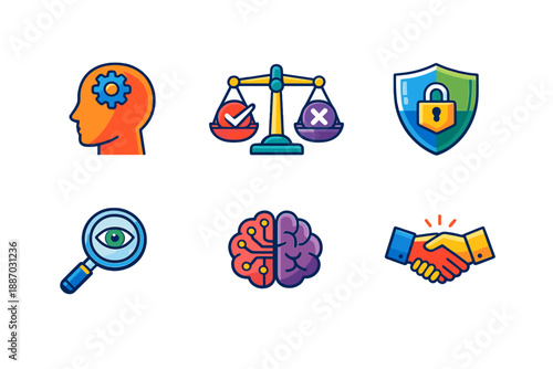 Icons showing mind, justice, security, observation, brain, and agreement in a simple design for visual representation of concepts