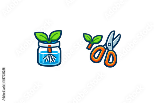 Steps to propagate plants using water and scissors for growth, showing a rooted cutting and tools needed for plant care