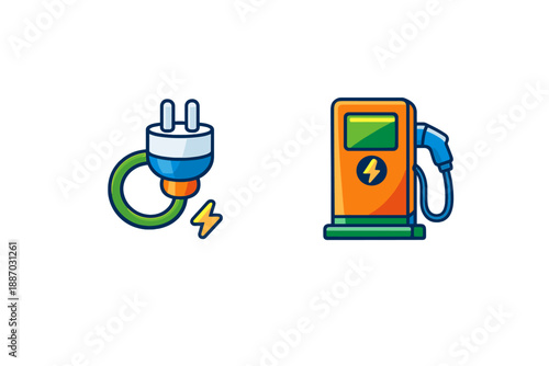 Electric plug and gas pump are shown side by side to represent energy sources and different fuel types for vehicles and machines
