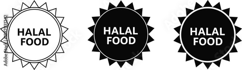 Halal food certification badge icon set in black and white starburst seal style for packaging labeling