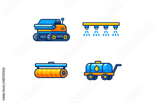 Different types of machinery used for agriculture tasks such as watering, harvesting, and transporting products in a modern farming setting