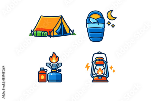Camping gear items for outdoor adventure with tent, sleeping bag, stove, and lantern shown in a simple layout