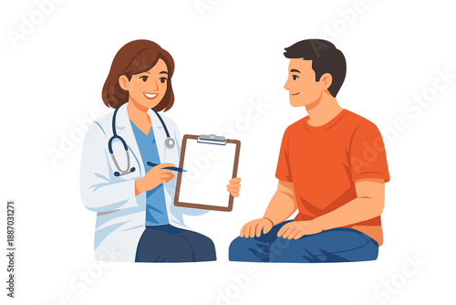 Doctor talks to patient during medical consultation in a clinic setting