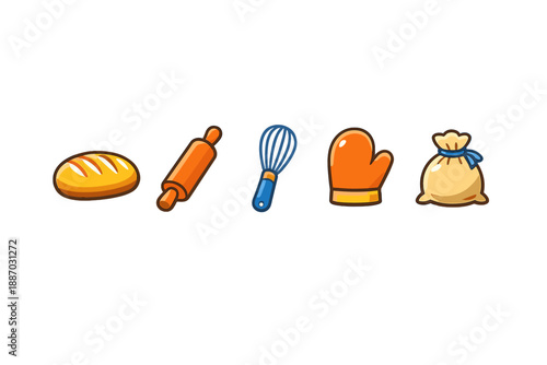 Various kitchen tools and items displayed on a simple background showing bread, rolling pin, whisk, oven mitt, and bag suggesting baking activity