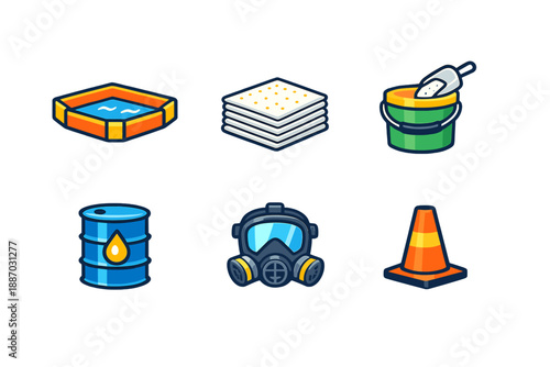Construction tools and safety equipment are displayed in a clear arrangement on a flat surface for a work site set up