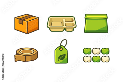 Various packaging materials and supplies on a clean background for storage and shipping purposes including boxes, labels, and tape