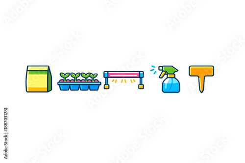 Gardening tools and supplies arranged in a line for indoor plant care during spring planting season