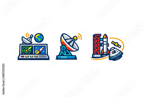 Space exploration tools are shown through a set of icons displaying satellite dishes, control panels, and a rocket with spacecraft for missions to outer space