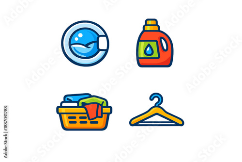 Laundry items and tools used for washing clothes and storage in a simple design