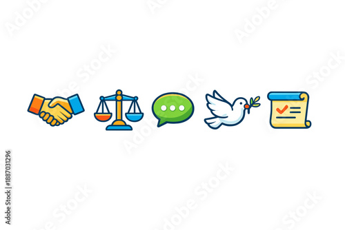 Symbols of agreement and peace shown through handshake, scales of justice, speech bubble, dove, and agreement document in a simple arrangement on a light background