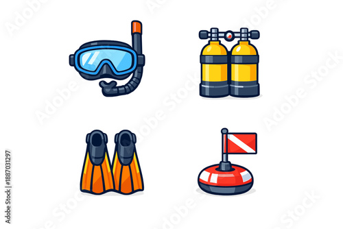 Diving equipment displayed together in a flat layout with snorkel, tanks, fins, and a buoy flag on a clean background