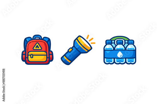 Backpack, flashlight, and water bottles are arranged on a simple background in a neat row to show essential items for outdoor activities or camping trips