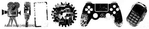 Vintage Film Camera, Phone, Gear, Gamepad, and Phone in Grunge Vector Style