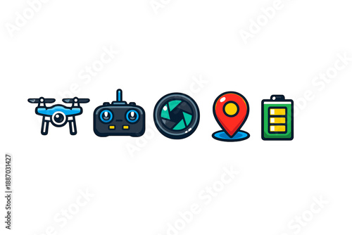 Icons showing a drone, remote control, camera lens, location marker, and battery symbol for digital activities and technology use in various fields