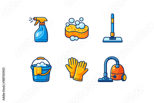 Cleaning tools and supplies for home maintenance arranged on a white background for a cleaning activity