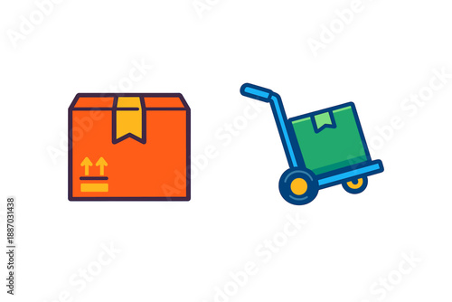 Carton and hand truck show delivery items in a simple setup used for transporting packages at a distribution point during daytime