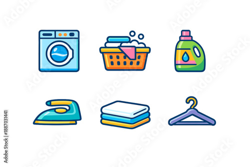Different laundry items and tools for washing and drying clothes arranged on a simple background