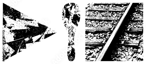Abstract Triangular Arrow, Shoe Print, and Railway Tracks in High Contrast Halftone
